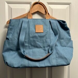 Blue Denim Tote Bag with Tan Handles